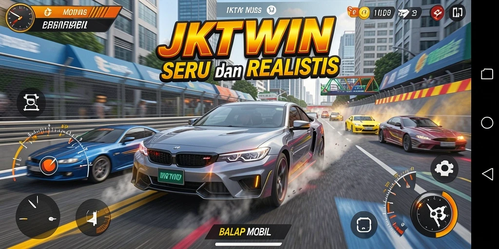 Antarmuka JKTWIN menampilkan mobil balap yang realistis dan lintasan yang menantang.